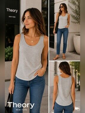 Theory Petite Striped Scoop Neck Tank Top White Gray Peruvian Cotton Stretch P
